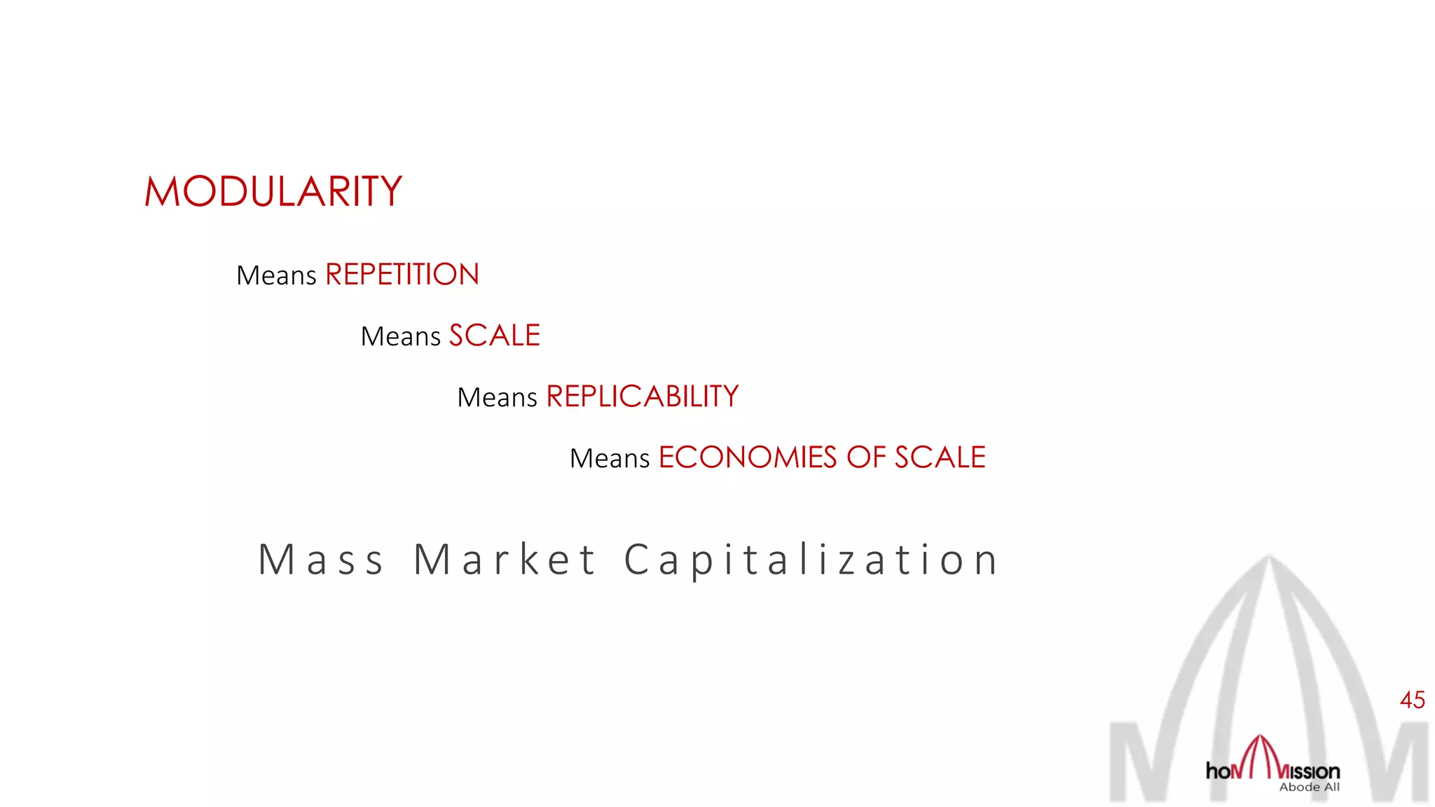 45
MODULARITY
Means REPETITION
Means SCALE
Means REPLICABILITY
Means ECONOMIES OF SCALE
M a s s M a r k e t C a p i t a l i z a t i o n
 