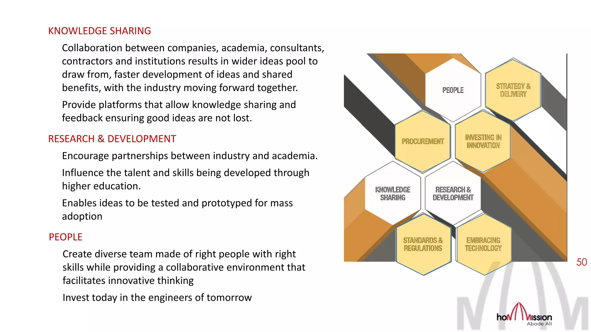 50
KNOWLEDGE SHARING
Collaboration between companies, academia, consultants,
contractors and institutions results in wider ideas pool to
draw from, faster development of ideas and shared
benefits, with the industry moving forward together.
Provide platforms that allow knowledge sharing and
feedback ensuring good ideas are not lost.
RESEARCH & DEVELOPMENT
Encourage partnerships between industry and academia.
Influence the talent and skills being developed through
higher education.
Enables ideas to be tested and prototyped for mass
adoption
PEOPLE
Create diverse team made of right people with right
skills while providing a collaborative environment that
facilitates innovative thinking
Invest today in the engineers of tomorrow
 