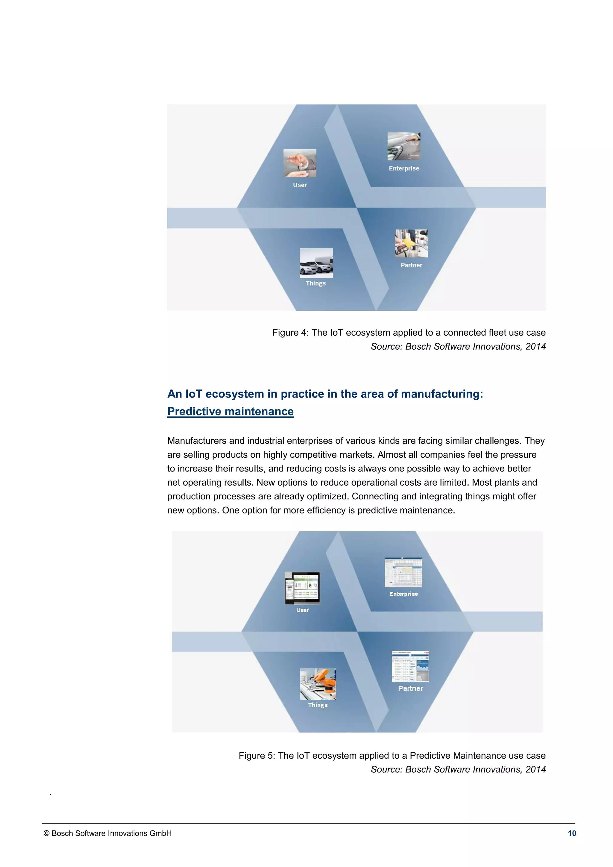 © Bosch Software Innovations GmbH 10
Figure 4: The IoT ecosystem applied to a connected fleet use case
Source: Bosch Software Innovations, 2014
An IoT ecosystem in practice in the area of manufacturing:
Predictive maintenance
Manufacturers and industrial enterprises of various kinds are facing similar challenges. They
are selling products on highly competitive markets. Almost all companies feel the pressure
to increase their results, and reducing costs is always one possible way to achieve better
net operating results. New options to reduce operational costs are limited. Most plants and
production processes are already optimized. Connecting and integrating things might offer
new options. One option for more efficiency is predictive maintenance.
Figure 5: The IoT ecosystem applied to a Predictive Maintenance use case
Source: Bosch Software Innovations, 2014
.
 