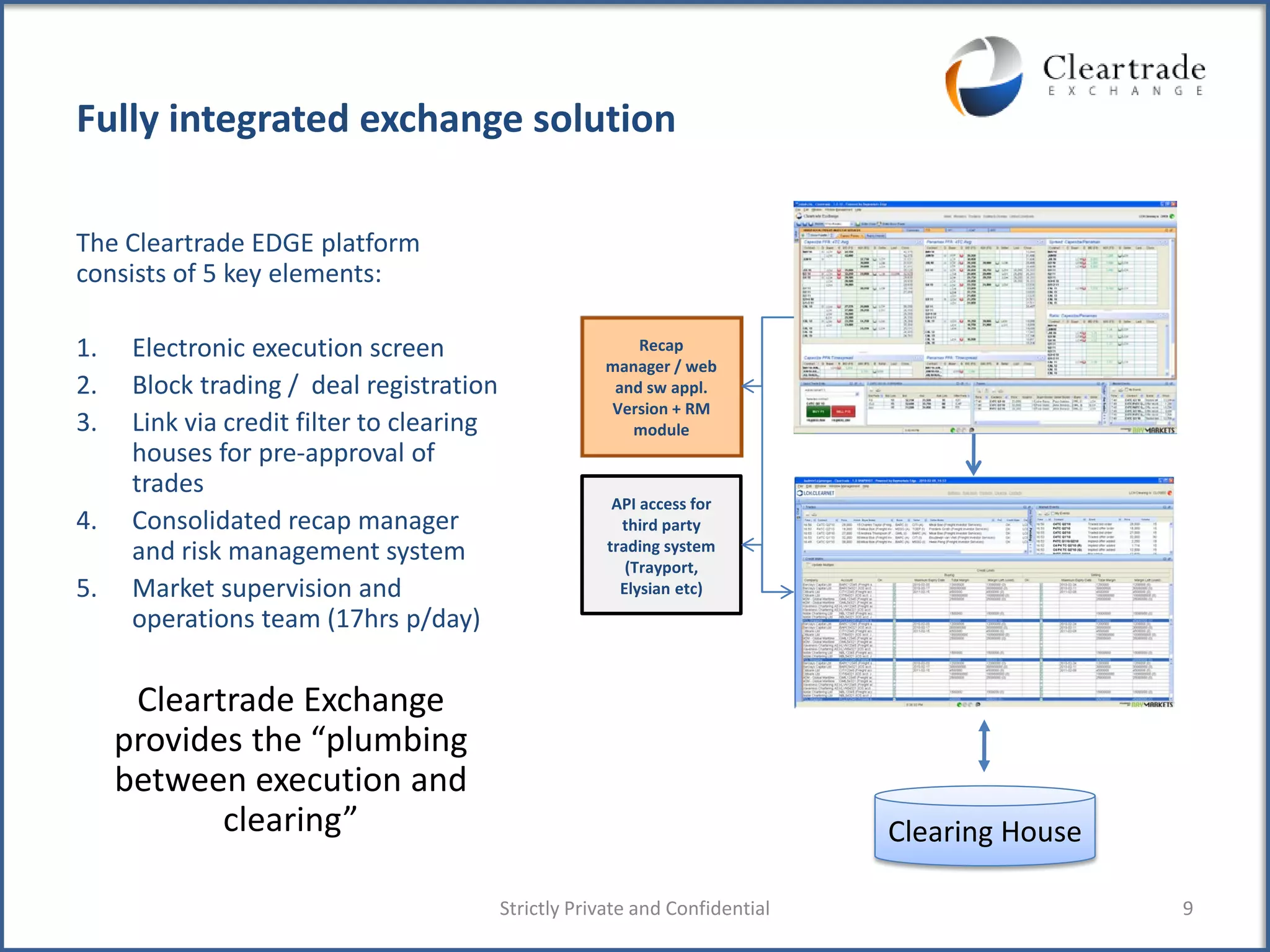 Fully integrated exchange solution

The Cleartrade EDGE platform
consists of 5 key elements:

1.    Electronic execution screen                          Recap
                                                       manager / web
2.    Block trading / deal registration                 and sw appl.
                                                       Version + RM
3.    Link via credit filter to clearing                  module
      houses for pre-approval of
      trades
                                                         API access for
4.    Consolidated recap manager                          third party
      and risk management system                        trading system
                                                           (Trayport,
5.    Market supervision and                              Elysian etc)
      operations team (17hrs p/day)

      Cleartrade Exchange
     provides the “plumbing
     between execution and
            clearing”                                                          Clearing House

                                           Strictly Private and Confidential                    9
 