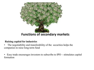Functions of secondary markets
Raising capital for industries
• The negotiability and transferability of the securities helps the
companies to raise long-term fund
• Easy trade encourages investors to subscribe to IPO – stimulates capital
formation
 
