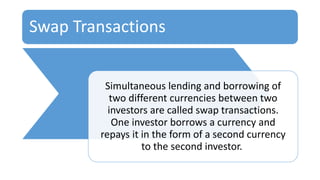 Swap Transactions
Simultaneous lending and borrowing of
two different currencies between two
investors are called swap transactions.
One investor borrows a currency and
repays it in the form of a second currency
to the second investor.
 
