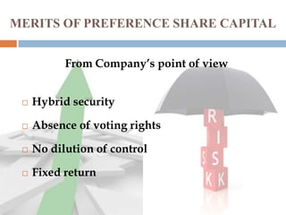 MERITS OF PREFERENCE SHARE CAPITAL
From Company’s point of view


Hybrid security



Absence of voting rights



No dilution of control



Fixed return

 