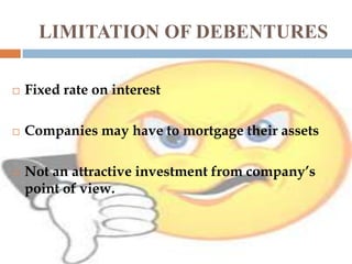 LIMITATION OF DEBENTURES


Fixed rate on interest



Companies may have to mortgage their assets



Not an attractive investment from company’s
point of view.

 