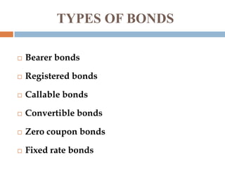 TYPES OF BONDS


Bearer bonds



Registered bonds



Callable bonds



Convertible bonds



Zero coupon bonds



Fixed rate bonds

 