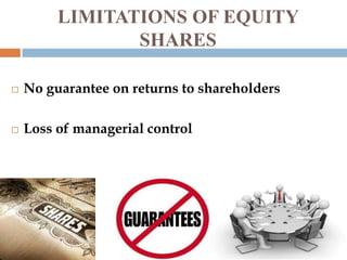 LIMITATIONS OF EQUITY
SHARES


No guarantee on returns to shareholders



Loss of managerial control

 