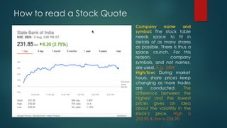 u Net change: The closing price also helps calculate how much the stock’s price has
changed. This change is written in bot...
