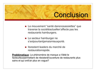 Changement habitudes alimentairesNombred’actifs plus importantsConsommation hors foyer atteint de plus en plus les femmesLieu d’habitation loin du lieu de travailDéplacement plus rapide et plus facileDe plus en plus de repaspris hors foyerNous mangeons plus viteEssor des loisirs et par conséquentdéveloppement du circuit alimentairealternatif