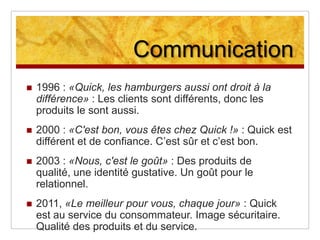 ZoomMission : être le lieu de restauration préféré des clientsVision : Ambition : réunir dans un cadre informel et  partager du plaisir Promesse de marque : fournir du plaisir simple et rapide à chaque clients lors de toutes leurs visitesValeurs : politique de prix, qualité, service et propreté