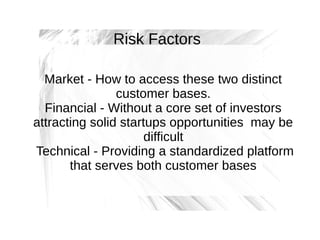 Risk Factors
Market - How to access these two distinct
customer bases.
Financial - Without a core set of investors
attracting solid startups opportunities may be
difficult
Technical - Providing a standardized platform
that serves both customer bases

 