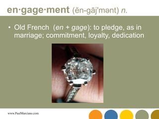 Old French  ( en + gage ): to pledge, as in marriage; commitment, loyalty, dedication  en·gage·ment   (ĕn-gāj'mənt)  n.   