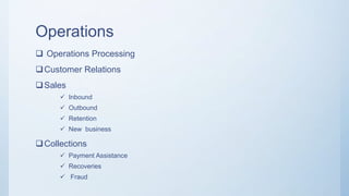 Operations
 Operations Processing
Customer Relations
Sales
 Inbound
 Outbound
 Retention
 New business
Collections
 Payment Assistance
 Recoveries
 Fraud
 