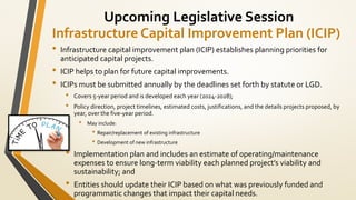 Infrastructure Capital Improvement Plan (ICIP)
• Infrastructure capital improvement plan (ICIP) establishes planning priorities for
anticipated capital projects.
• ICIP helps to plan for future capital improvements.
• ICIPs must be submitted annually by the deadlines set forth by statute or LGD.
• Covers 5-year period and is developed each year (2024-2028);
• Policy direction, project timelines, estimated costs, justifications, and the details projects proposed, by
year, over the five-year period.
• May include:
• Repair/replacement of existing infrastructure
• Development of new infrastructure
• Implementation plan and includes an estimate of operating/maintenance
expenses to ensure long-term viability each planned project’s viability and
sustainability; and
• Entities should update their ICIP based on what was previously funded and
programmatic changes that impact their capital needs.
Upcoming Legislative Session
 