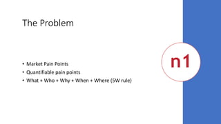 The Problem
• Market Pain Points
• Quantifiable pain points
• What + Who + Why + When + Where (5W rule)
 