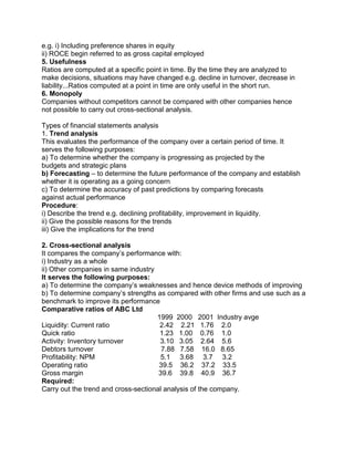 e.g. i) Including preference shares in equity
ii) ROCE begin referred to as gross capital employed
5. Usefulness
Ratios are computed at a specific point in time. By the time they are analyzed to
make decisions, situations may have changed e.g. decline in turnover, decrease in
liability...Ratios computed at a point in time are only useful in the short run.
6. Monopoly
Companies without competitors cannot be compared with other companies hence
not possible to carry out cross-sectional analysis.
Types of financial statements analysis
1. Trend analysis
This evaluates the performance of the company over a certain period of time. It
serves the following purposes:
a) To determine whether the company is progressing as projected by the
budgets and strategic plans
b) Forecasting – to determine the future performance of the company and establish
whether it is operating as a going concern
c) To determine the accuracy of past predictions by comparing forecasts
against actual performance
Procedure:
i) Describe the trend e.g. declining profitability, improvement in liquidity.
ii) Give the possible reasons for the trends
iii) Give the implications for the trend
2. Cross-sectional analysis
It compares the company’s performance with:
i) Industry as a whole
ii) Other companies in same industry
It serves the following purposes:
a) To determine the company’s weaknesses and hence device methods of improving
b) To determine company’s strengths as compared with other firms and use such as a
benchmark to improve its performance
Comparative ratios of ABC Ltd
1999 2000 2001 Industry avge
Liquidity: Current ratio 2.42 2.21 1.76 2.0
Quick ratio 1.23 1.00 0.76 1.0
Activity: Inventory turnover 3.10 3.05 2.64 5.6
Debtors turnover 7.88 7.58 16.0 8.65
Profitability: NPM 5.1 3.68 3.7 3.2
Operating ratio 39.5 36.2 37.2 33.5
Gross margin 39.6 39.8 40.9 36.7
Required:
Carry out the trend and cross-sectional analysis of the company.
 