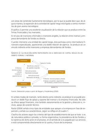 con áreas de contenido fuertemente tecnológico, por lo que se puede decir que, de al-
guna manera, la expansión de la actividad de capital riesgo está ligada a ciertos momen-
tos de gran avance tecnológico.
El gráfico 2 permite una excelente visualización de la relación que se produce entre las
firmas financiadas y los inversores.
En el caso de inversores informales o inversores ángeles, la relación entre inversor y em-
presa demandante de fondos es directa.
Cuando interviene una entidad de capital riesgo, ésta participa como intermediario fi-
nanciero especializado, apareciendo una doble relación de agencia. Se produce así un
vínculo indirecto entre inversores y empresas demandantes de fondos.

GRÁFICO 2. LA RELACIÓN ENTRE PARTICIPANTES EN EL MERCADO DE CAPITAL RIESGO EN UN
ÁMBITO FORMAL E INFORMAL

              Inversores
                                                    Captación Fondos
                           Beneficios y retorno
      • Efectivo:         de capitales originales
recursos propios
                     Venta de acciones
        y deuda                                                   Entidad Capital Riesgo
                     Reembolso de deuda
     • Gestión y
 soporte técnico            Venta de acciones
                          Reembolso de deuda
                                                         • Efectivo: recursos propios y deuda
                                                         • Apoyo a la gestión, seguimiento
                                                         • de resultados y estado de las inversiones
               Empresas

                DIRECTA                                                INDIRECTA

Fuente: Elaboración propia a partir de Baygan y Freudenberg (2000).


En ambos modos de inversión, tanto directo como indirecto, se produce (o se puede pro-
ducir) un doble flujo de apoyo y soporte del inversor a la empresa financiada. No sólo
se ofrece apoyo financiero, sino también asesoramiento en la gestión y dirección e, in-
cluso, apoyo de carácter técnico.
Rasila (2004) señala cinco tipos de entidades que apoyan a la empresa en fase de ex-
pansión y señala sus características, según se refleja en el cuadro 1.
Clasifica los actores según los criterios del tipo de establecimiento de que se trate: si es
de naturaleza pública o privada; su forma organizativa; la procedencia de los fondos y
la injerencia de dicho actor en el proceso, en el sentido de si es pagado por sus servicios
o está comprometido directamente en la suerte y futuro de la empresa.


20
 