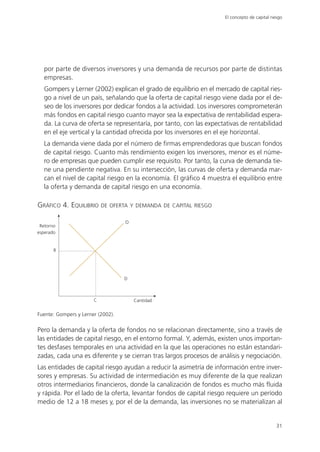 El concepto de capital riesgo




   por parte de diversos inversores y una demanda de recursos por parte de distintas
   empresas.
   Gompers y Lerner (2002) explican el grado de equilibrio en el mercado de capital ries-
   go a nivel de un país, señalando que la oferta de capital riesgo viene dada por el de-
   seo de los inversores por dedicar fondos a la actividad. Los inversores comprometerán
   más fondos en capital riesgo cuanto mayor sea la expectativa de rentabilidad espera-
   da. La curva de oferta se representaría, por tanto, con las expectativas de rentabilidad
   en el eje vertical y la cantidad ofrecida por los inversores en el eje horizontal.
   La demanda viene dada por el número de firmas emprendedoras que buscan fondos
   de capital riesgo. Cuanto más rendimiento exigen los inversores, menor es el núme-
   ro de empresas que pueden cumplir ese requisito. Por tanto, la curva de demanda tie-
   ne una pendiente negativa. En su intersección, las curvas de oferta y demanda mar-
   can el nivel de capital riesgo en la economía. El gráfico 4 muestra el equilibrio entre
   la oferta y demanda de capital riesgo en una economía.

GRÁFICO 4. EQUILIBRIO      DE OFERTA Y DEMANDA DE CAPITAL RIESGO

                                   O
 Retorno
esperado


       R




                                   D



                       C               Cantidad


Fuente: Gompers y Lerner (2002).

Pero la demanda y la oferta de fondos no se relacionan directamente, sino a través de
las entidades de capital riesgo, en el entorno formal. Y, además, existen unos importan-
tes desfases temporales en una actividad en la que las operaciones no están estandari-
zadas, cada una es diferente y se cierran tras largos procesos de análisis y negociación.
Las entidades de capital riesgo ayudan a reducir la asimetría de información entre inver-
sores y empresas. Su actividad de intermediación es muy diferente de la que realizan
otros intermediarios financieros, donde la canalización de fondos es mucho más fluida
y rápida. Por el lado de la oferta, levantar fondos de capital riesgo requiere un período
medio de 12 a 18 meses y, por el de la demanda, las inversiones no se materializan al


                                                                                               31
 