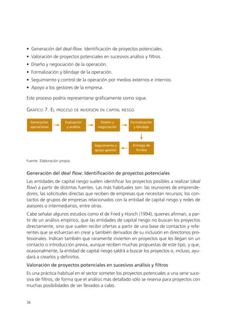 • Generación del deal-flow. Identificación de proyectos potenciales.
• Valoración de proyectos potenciales en sucesivos análisis y filtros.
• Diseño y negociación de la operación.
• Formalización y blindaje de la operación.
• Seguimiento y control de la operación por medios externos e internos.
• Apoyo a los gestores de la empresa.

Este proceso podría representarse gráficamente como sigue.

GRÁFICO 7. EL     PROCESO DE INVERSIÓN EN CAPITAL RIESGO


  Generación           Evaluación       Diseño y      Formalización
  operaciones           y análisis     negociación      y blindaje




                                     Seguimiento y     Entrega de
                                     apoyo gestión       fondos


Fuente: Elaboración propia.


Generación del deal flow. Identificación de proyectos potenciales
Las entidades de capital riesgo suelen identificar los proyectos posibles a realizar (deal
flow) a partir de distintas fuentes. Las más habituales son: las reuniones de emprende-
dores; las solicitudes directas que reciben de empresas que necesitan recursos; los con-
tactos de grupos de empresas relacionados con la entidad de capital riesgo y redes de
asesores o intermediarios, entre otras.
Cabe señalar algunos estudios como el de Fried y Hisrich (1994), quienes afirman, a par-
tir de un análisis empírico, que las entidades de capital riesgo no buscan los proyectos
directamente, sino que suelen recibir ofertas a partir de una base de contactos y refe-
rentes que se esfuerzan en crear y también derivados de su inclusión en directorios pro-
fesionales. Indican también que raramente invierten en proyectos que les llegan sin un
contacto o introducción previa, aunque reciben muchas propuestas de este tipo, y que,
ocasionalmente, la entidad de capital riesgo saldrá a buscar los proyectos o, incluso, ayu-
dará a crearlos y definirlos.
Valoración de proyectos potenciales en sucesivos análisis y filtros
Es una práctica habitual en el sector someter los proyectos potenciales a una serie suce-
siva de filtros, de forma que el análisis más detallado sólo se reserva para proyectos con
muchas posibilidades de ser llevados a cabo.


36
 