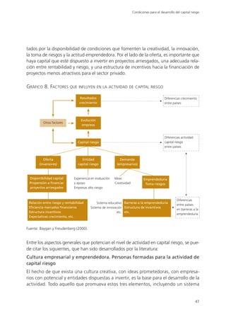 Condiciones para el desarrollo del capital riesgo




tados por la disponibilidad de condiciones que fomenten la creatividad, la innovación,
la toma de riesgos y la actitud emprendedora. Por el lado de la oferta, es importante que
haya capital que esté dispuesto a invertir en proyectos arriesgados, una adecuada rela-
ción entre rentabilidad y riesgo, y una estructura de incentivos hacia la financiación de
proyectos menos atractivos para el sector privado.

GRÁFICO 8. FACTORES        QUE INFLUYEN EN LA ACTIVIDAD DE CAPITAL RIESGO

                                  Resultados                                                   Diferencias crecimiento
                                  crecimiento                                                  entre países




                                   Evolución
          Otros factores
                                   empresa


                                                                                               Diferencias actividad
                                 Capital riesgo                                                capital riesgo
                                                                                               entre países


          Oferta                   Entidad                   Demanda
       (inversores)              capital riesgo            (empresarios)



 Disponibilidad capital       Experiencia en evaluación   Ideas                 Emprendeduría
 Propensión a financiar       y apoyo                     Creatividad            Toma riesgos
 proyectos arriesgados        Empresas alto riesgo


                                                                                                        Diferencias
 Relación entre riesgo y rentabilidad         Sistema educativo Barreras a la emprendeduría
                                                                                                        entre países
 Eficiencia mercados financieros         Sistema de innovación Estructura de incentivos
                                                                                                        en barreras a la
 Estructura incentivos                                     etc. etc.
                                                                                                        emprendeduría
 Expectativas crecimiento, etc.


Fuente: Baygan y Freudenberg (2000).


Entre los aspectos generales que potencian el nivel de actividad en capital riesgo, se pue-
de citar los siguientes, que han sido desarrollados por la literatura:
Cultura empresarial y emprendedora. Personas formadas para la actividad de
capital riesgo
El hecho de que exista una cultura creativa, con ideas prometedoras, con empresa-
rios con potencial y entidades dispuestas a invertir, es la base para el desarrollo de la
actividad. Todo aquello que promueva estos tres elementos, incluyendo un sistema


                                                                                                                       47
 