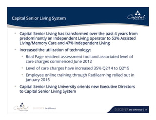 28
• Capital Senior Living has transformed over the past 4 years from
predominantly an Independent Living operator to 53% Assisted
Living/Memory Care and 47% Independent Living
• Increased the utilization of technology:
• Real Page resident assessment tool and associated level of
care charges commenced June 2012
• Level of care charges have increased 35% Q2’14 to Q2’15
• Employee online training through Redilearning rolled out in
January 2015
• Capital Senior Living University orients new Executive Directors
to Capital Senior Living System
Capital Senior Living System
 