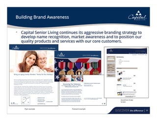 35
Building Brand Awareness
Flyer example Postcard example
Storefront Order
Screen
• Capital Senior Living continues its aggressive branding strategy to
develop name recognition, market awareness and to position our
quality products and services with our core customers.
 