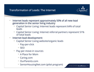 41
Transformation of Leads: The Internet
• Internet leads represent approximately 50% of all new lead
generation in the senior living industry
• Capital Senior Living: Internet leads represent 64% of total
leads
• Capital Senior Living: Internet referral partners represent 51%
of total leads
• Internet lead development:
• Capital Senior Living website/organic leads
• Pay-per-click
• SEO
• Pay per move-in sources
• A Place for Mom
• Caring.com
• OurParents.com
• SeniorHousingNet.com (pilot program)
 