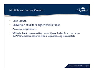 65
Multiple Avenues of Growth
• Core Growth
• Conversion of units to higher levels of care
• Accretive acquisitions
• Will add back communities currently excluded from our non-
GAAP financial measures when repositioning is complete
 