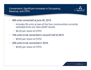 69
Conversions: Significant Increases in Occupancy,
Revenue, and CFFO
• 400 units converted at June 30, 2015
• Includes 94 units at two of the four communities currently
excluded from our Non-GAAP results
• $0.20 per share of CFFO
• 100 units to be converted in second half of 2015
• $0.03 per share of CFFO
• 200 units to be converted in 2016
• $0.05 per share of CFFO
 