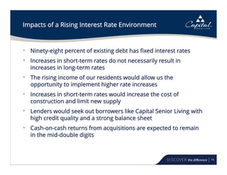 74
Impacts of a Rising Interest Rate Environment
• Ninety-eight percent of existing debt has fixed interest rates
• Increases in short-term rates do not necessarily result in
increases in long-term rates
• The rising income of our residents would allow us the
opportunity to implement higher rate increases
• Increases in short-term rates would increase the cost of
construction and limit new supply
• Lenders would seek out borrowers like Capital Senior Living with
high credit quality and a strong balance sheet
• Cash-on-cash returns from acquisitions are expected to remain
in the mid-double digits
 