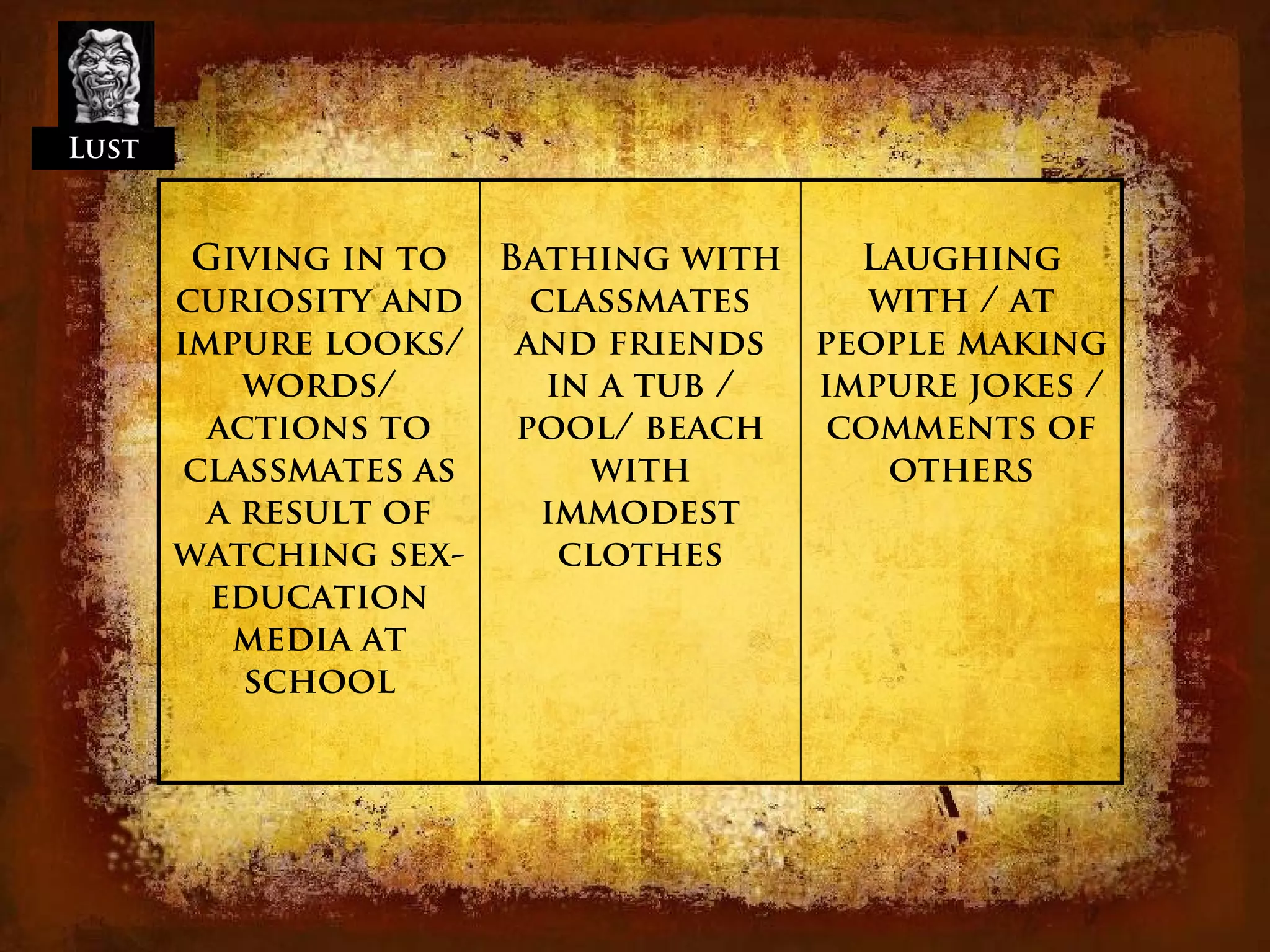 Lust


        Giving in to Bathing with    Laughing
       curiosity and   classmates     with / at
       impure looks/ and friends people making
           words/       in a tub / impure jokes /
         actions to   pool/ beach   comments of
        classmates as     with         others
         a result of   immodest
       watching sex-     clothes
         education
          media at
           school
 