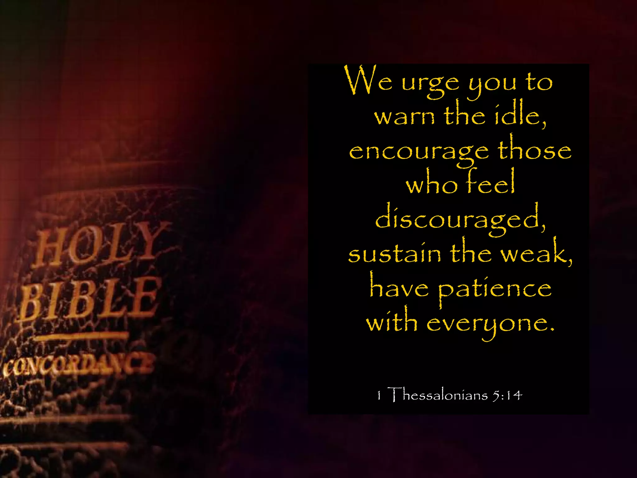 We urge you to
  warn the idle,
encourage those
    who feel
  discouraged,
sustain the weak,
 have patience
 with everyone.

  1 Thessalonians 5:14
 
