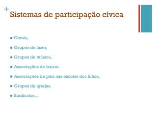 +
    Sistemas de participação cívica

    n    Corais,

    n    Grupos de lazer,

    n    Grupos de música,

    n    Associações de bairro,

    n    Associações de pais nas escolas dos filhos,

    n    Grupos de igrejas,

    n    Sindicatos…
 