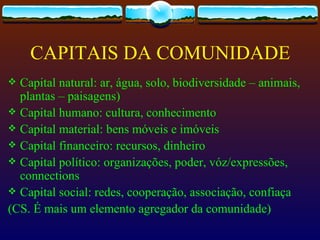 CAPITAIS DA COMUNIDADE
 Capital natural: ar, água, solo, biodiversidade – animais,
  plantas – paisagens)
 Capital humano: cultura, conhecimento
 Capital material: bens móveis e imóveis
 Capital financeiro: recursos, dinheiro
 Capital político: organizações, poder, vóz/expressões,
  connections
 Capital social: redes, cooperação, associação, confiaça
(CS. É mais um elemento agregador da comunidade)
 