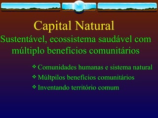 Capital Natural
Sustentável, ecossistema saudável com
  múltiplo benefícios comunitários
        Comunidades   humanas e sistema natural
        Múltpilos benefícios comunitários
        Inventando território comum
 