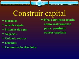 Construir capital
 moradias                  Ifra-estruturausada
 rede de esgoto            como instrumento
 Sistemas de água          para produzir
 Negócios                  outros capitais
 Cuidado centros
 Estradas
 Comunicação eletrônica
 