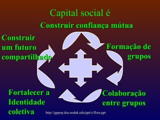 Capital social é
               Construir confiança mútua
Construir
um futuro                                   Formação de
compartilhado                                   grupos



 Fortalecer a                                     Colaboração
 Identidade                                       entre grupos
 coletiva http://gppop.dsu.nodak.edu/ppt/c/flora.ppt
 