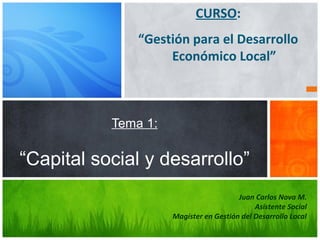 CURSO:
“Gestión para el Desarrollo
Económico Local”

Tema 1:

“Capital social y desarrollo”
Juan Carlos Nova M.
Asistente Social
Magíster en Gestión del Desarrollo Local

 