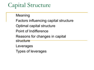 Capital Structure  Meaning  Factors influencing capital structure Optimal capital structure  Point of Indifference  Reasons for changes in capital structure Leverages  Types of leverages 