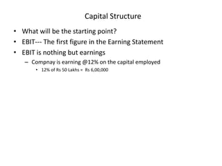 Capital Structure
• What will be the starting point?
• EBIT--- The first figure in the Earning Statement
• EBIT is nothing but earnings
– Compnay is earning @12% on the capital employed
• 12% of Rs 50 Lakhs = Rs 6,00,000
 
