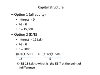 Capital Structure
– Option 1 (all equity)
• Interest = 0
• Pd = 0
• n = 15,000
– Option 2 (D/E)
• Interest = 12 Lakh
• Pd = 0
• n = 5000
(X-0)(1-.50)-0 = (X-12)(1-.50)-0
15 5
X= RS 18 Lakhs which is the EBIT at the point of
indifference
 