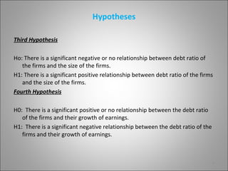 Hypotheses

Third Hypothesis

Ho: There is a significant negative or no relationship between debt ratio of
   the firms and the size of the firms.
H1: There is a significant positive relationship between debt ratio of the firms
   and the size of the firms.
Fourth Hypothesis

H0: There is a significant positive or no relationship between the debt ratio
   of the firms and their growth of earnings.
H1: There is a significant negative relationship between the debt ratio of the
   firms and their growth of earnings.



                                                                                 9
 
