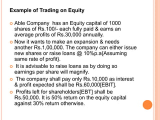 Example of Trading on Equity
Able Company has an Equity capital of 1000
shares of Rs.100/- each fully paid & earns an
average profits of Rs.30,000 annually.
 Now it wants to make an expansion & needs
another Rs.1,00,000. The company can either issue
new shares or raise loans @ 10%p.a{Assuming
same rate of profit}.
 It is advisable to raise loans as by doing so
earnings per share will magnify.
 The company shall pay only Rs.10,000 as interest
& profit expected shall be Rs.60,000[EBIT].
 Profits left for shareholders[EBT] shall be
Rs.50,000. It is 50% return on the equity capital
against 30% return otherwise.


 