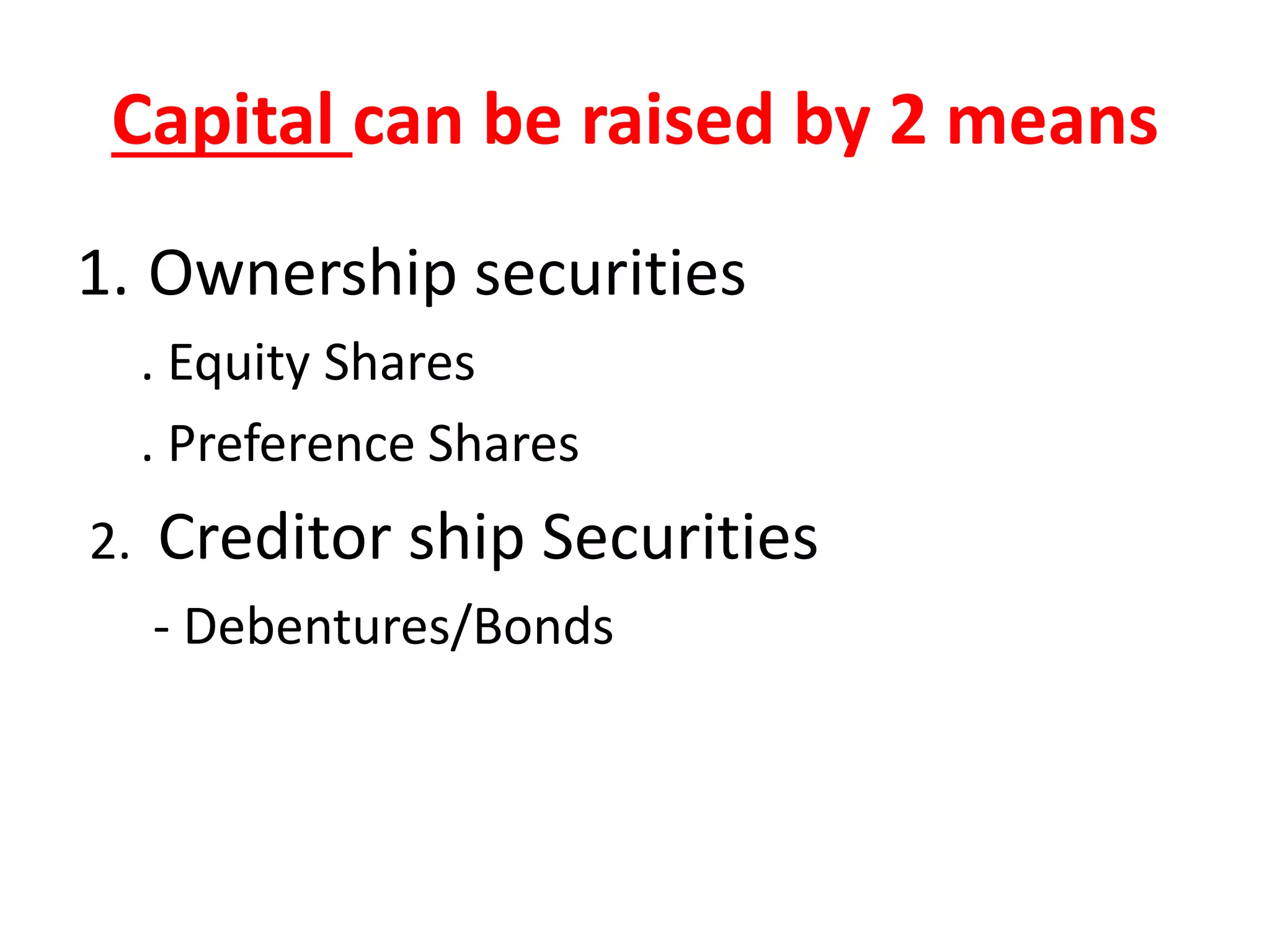 Capital can be raised by 2 means
1. Ownership securities
. Equity Shares
. Preference Shares
2. Creditor ship Securities
- Debentures/Bonds
 
