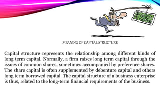 MEANING OF CAPITAL STRUCTURE
Capital structure represents the relationship among different kinds of
long term capital. Normally, a firm raises long term capital through the
issues of common shares, sometimes accompanied by preference shares.
The share capital is often supplemented by debenture capital and others
long term borrowed capital. The capital structure of a business enterprise
is thus, related to the long-term financial requirements of the business.
 