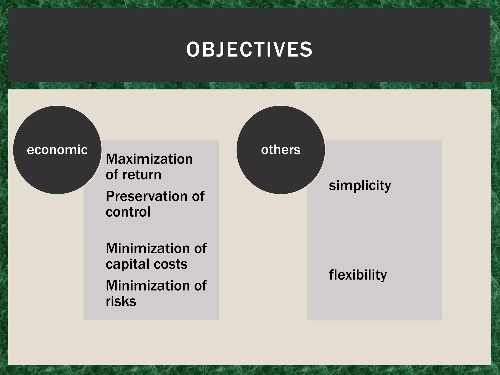 OBJECTIVES
Maximization
of return
Preservation of
control
Minimization of
capital costs
Minimization of
risks
economic
simplicity
flexibility
others
 