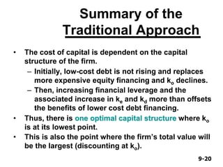 9-209-20
Summary of the
Traditional Approach
• The cost of capital is dependent on the capital
structure of the firm.
– Initially, low-cost debt is not rising and replaces
more expensive equity financing and ko declines.
– Then, increasing financial leverage and the
associated increase in ke and kd more than offsets
the benefits of lower cost debt financing.
• Thus, there is one optimal capital structure where ko
is at its lowest point.
• This is also the point where the firm’s total value will
be the largest (discounting at ko).
 