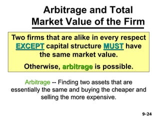 9-249-24
Arbitrage and Total
Market Value of the Firm
Arbitrage -- Finding two assets that are
essentially the same and buying the cheaper and
selling the more expensive.
Two firms that are alike in every respect
EXCEPT capital structure MUST have
the same market value.
Otherwise, arbitrage is possible.
 