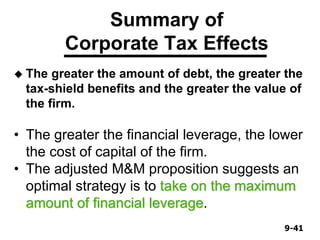 9-419-41
Summary of
Corporate Tax Effects
• The greater the financial leverage, the lower
the cost of capital of the firm.
• The adjusted M&M proposition suggests an
optimal strategy is to take on the maximum
amount of financial leverage.
 The greater the amount of debt, the greater the
tax-shield benefits and the greater the value of
the firm.
 