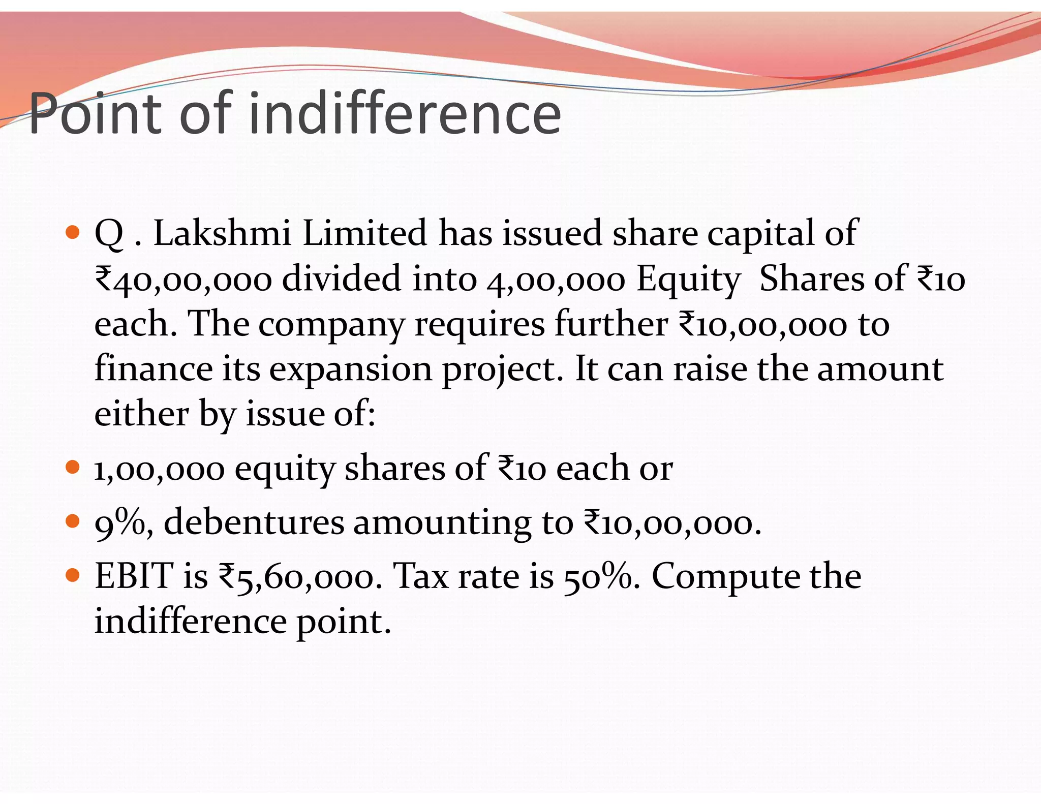 Point of indifference
 Q . Lakshmi Limited has issued share capital of
₹40,00,000 divided into 4,00,000 Equity Shares of ₹10
each. The company requires further ₹10,00,000 to
finance its expansion project. It can raise the amount
either by issue of:
 1,00,000 equity shares of ₹10 each or
 9%, debentures amounting to ₹10,00,000.
 EBIT is ₹5,60,000. Tax rate is 50%. Compute the
indifference point.
 