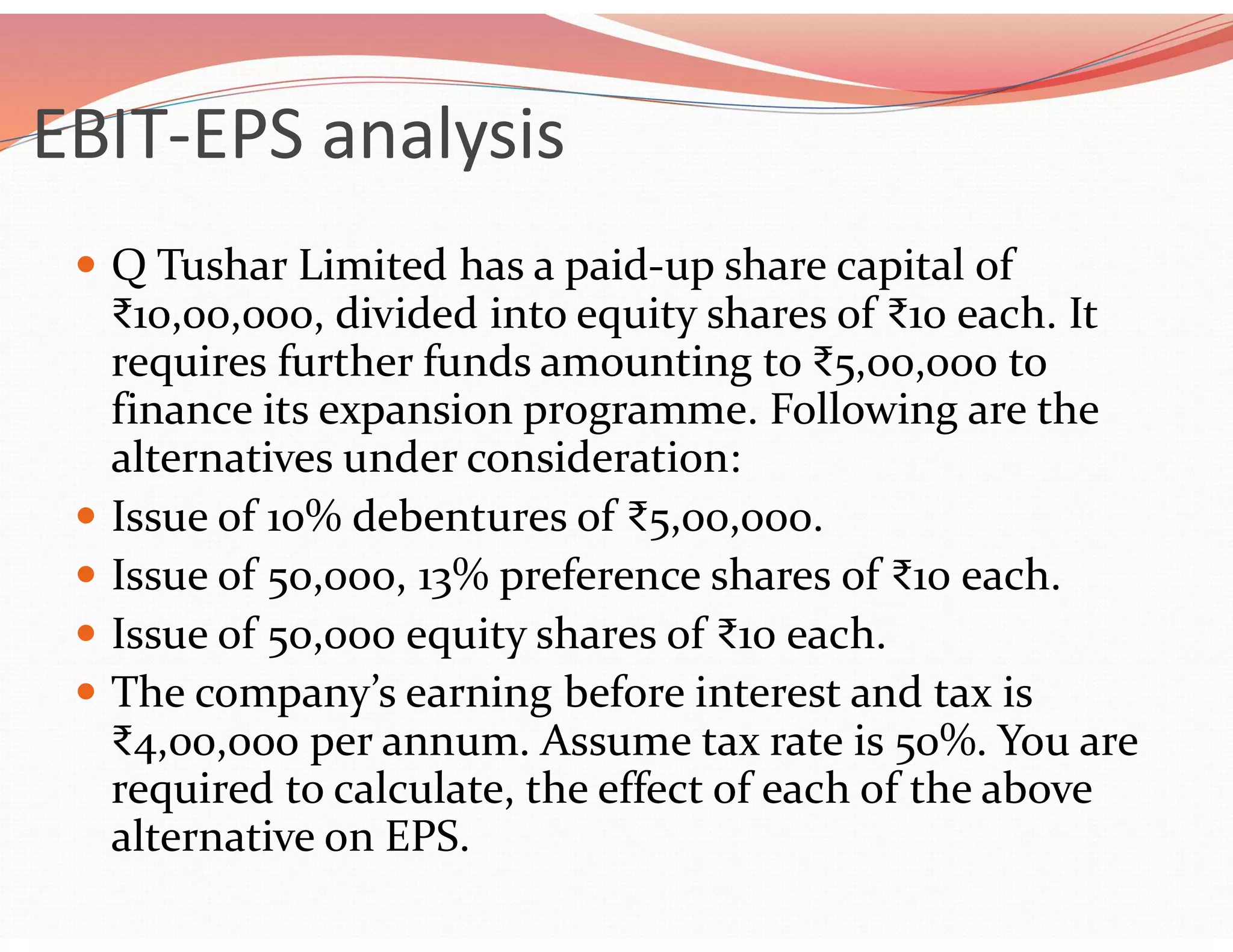 EBIT-EPS analysis
 Q Tushar Limited has a paid-up share capital of
₹10,00,000, divided into equity shares of ₹10 each. It
requires further funds amounting to ₹5,00,000 to
finance its expansion programme. Following are the
alternatives under consideration:
 Issue of 10% debentures of ₹5,00,000.
 Issue of 50,000, 13% preference shares of ₹10 each.
 Issue of 50,000 equity shares of ₹10 each.
 The company’s earning before interest and tax is
₹4,00,000 per annum. Assume tax rate is 50%. You are
required to calculate, the effect of each of the above
alternative on EPS.
 